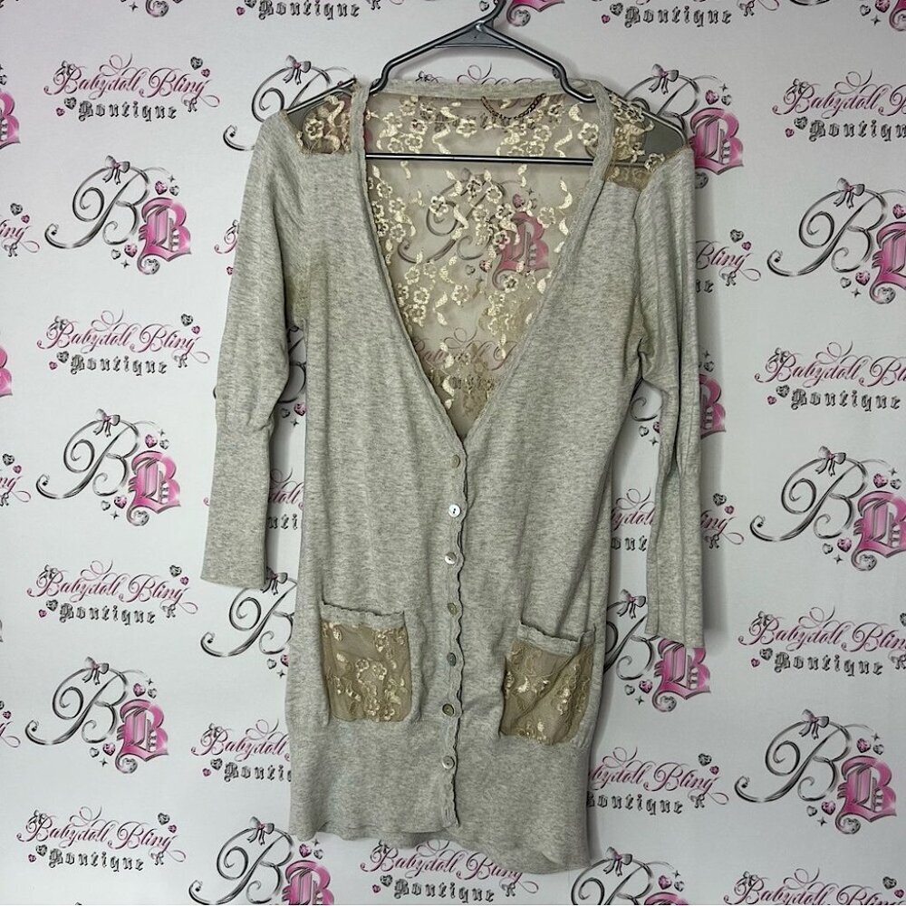 Cardigan lace shimmer shiny gold silver Elegant Lace-Trimmed Gray Sweater